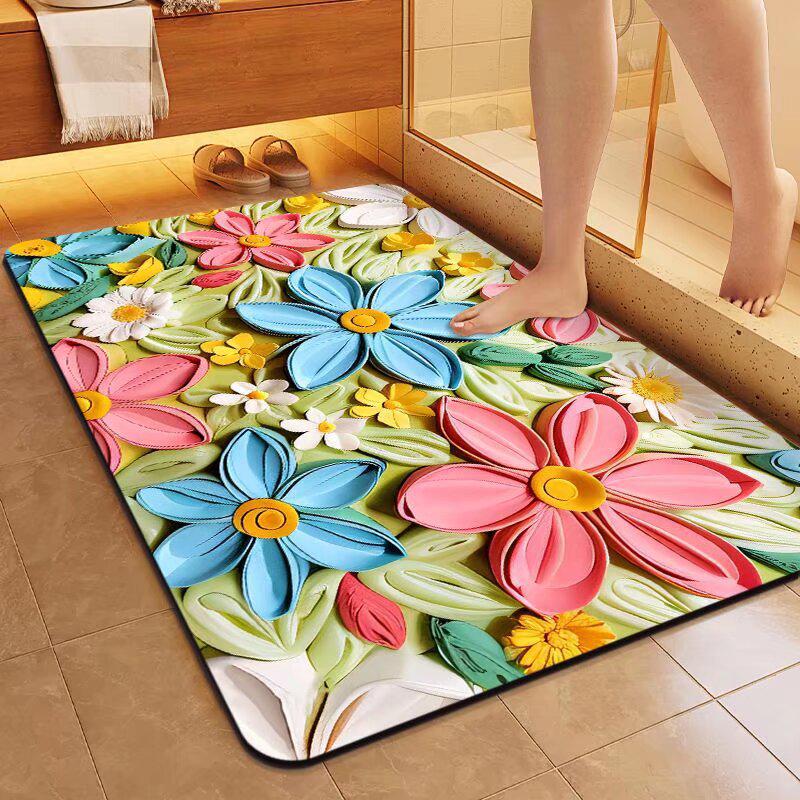 3D Floral Diatomaceous Earth Bath Mat - Absorbent, Quick-Dry, Stain & Wear Resistant Doormat
