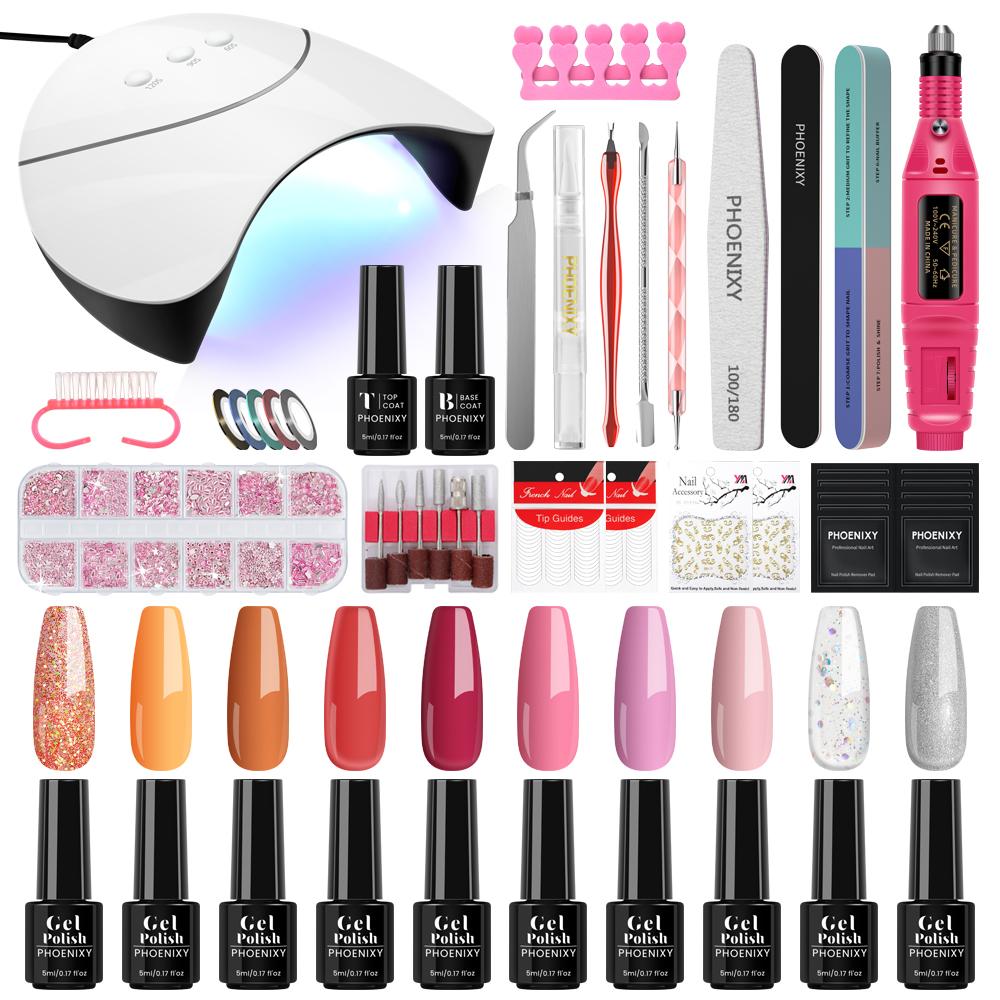 

Гель-лак для ногтей PHOENIXY, 5 мл, сушилка для ногтей, фреза для ногтей, маникюрный набор, комплект светодиодной лампы для ногтей 36 Вт, верхнее покрытие и наборы инструментов для замачивания ногтей