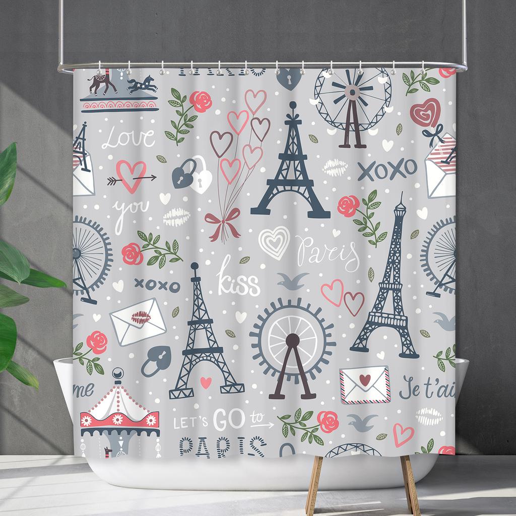 Bathroom Waterproof Curtain Digital Printing Valentine'S Day Love Shower Curtain Free Punching Toilet Partition Curtain Shower Cloth