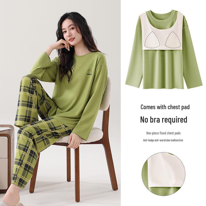 

Женский пижамный комплект из эластичного хлопка - С длинным рукавом, круглый вырез с нагрудными вкладышами для весны, осени и зимы L