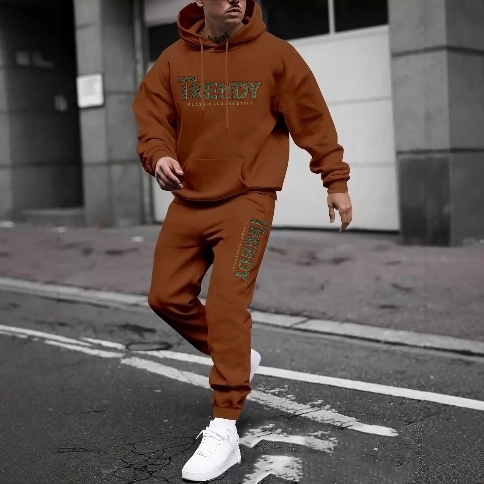 

Men s Casual Solid Color Letter-printed Sweatshirt Set, Men s Fleece Hooded Drawstring Sweatshirt And Sweatpants Two-piece Set XXL кавовий