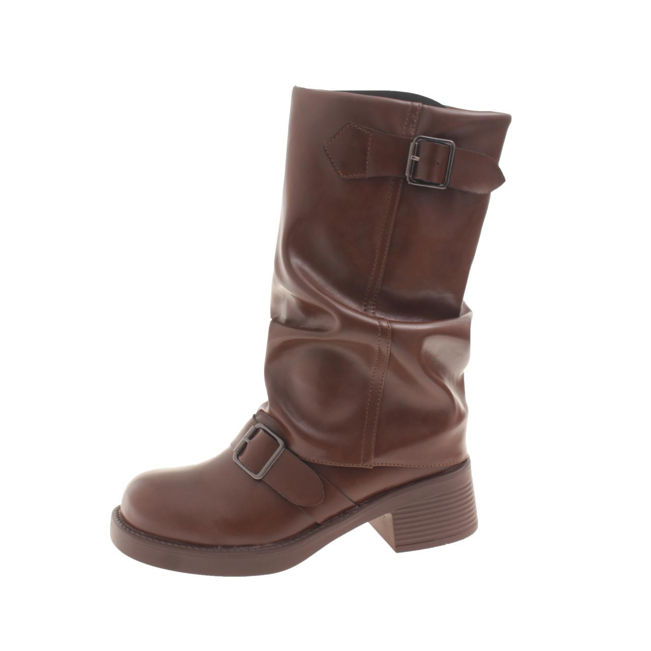 

Fashion Knight Boots for Women 2025 Autumn Brown PU Leather Mid Calf Boots Pleated Buckle Woman Slip-On Thick Heel Riding Botas Mujer 40 коричневый