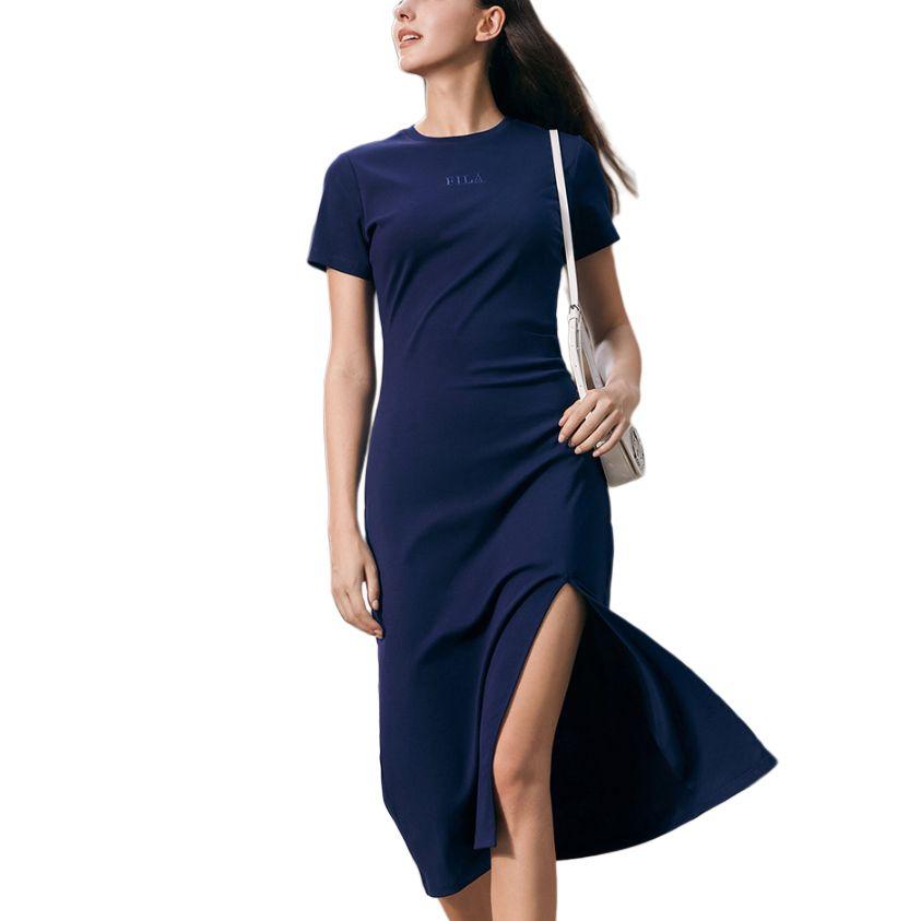 FILA Original Logo Solid Color Fashion Casual Simple Split Hem Slim Soft Breathable Round Neck Pullover Short Sleeve Dress F51W429302F-DB