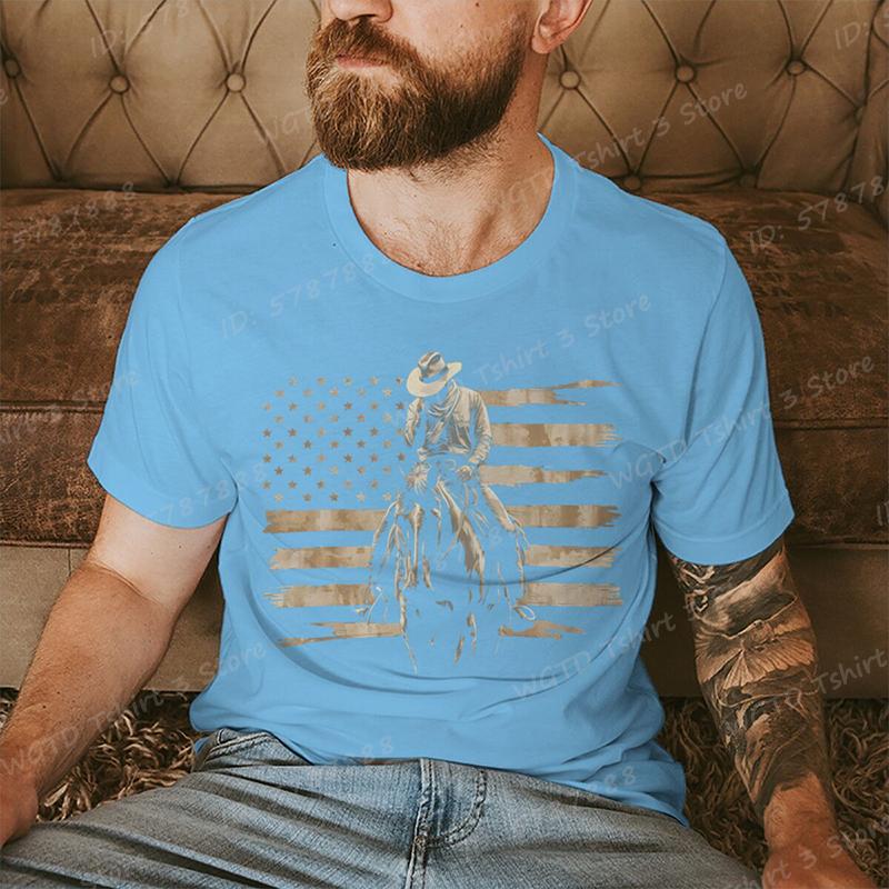 Cowboy with American Flag Pattern Print T Shirt Tees for Men Casual Short Sleeve TShirt for Summer Vintage Graphic Tshirts