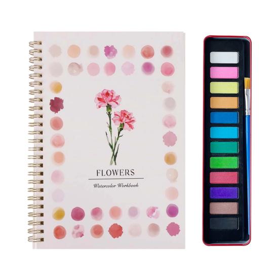 

Coloring Picture Book with 12 Paint Colors Thickened Pages Animal Flower Illustrations Watercolor Painting Kit