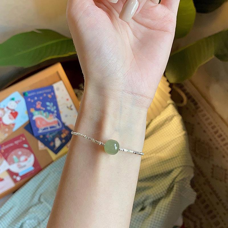 Girls' Crushed Silver & Hetian Jade Bracelet: Elegant Chinese Style, Luxurious & Versatile High-End Accessory