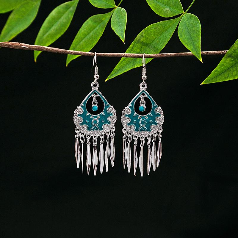 Vintage Ethnic Miao Silver Teardrop Tassel Earrings