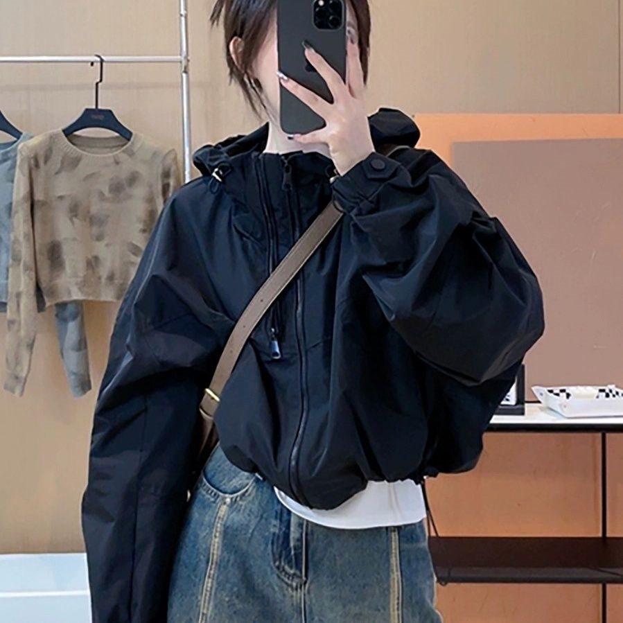 Women's Spring Hooded Short Trench Coat - Double Zipper, Stand-Up Collar, Casual Outdoor Windbreaker