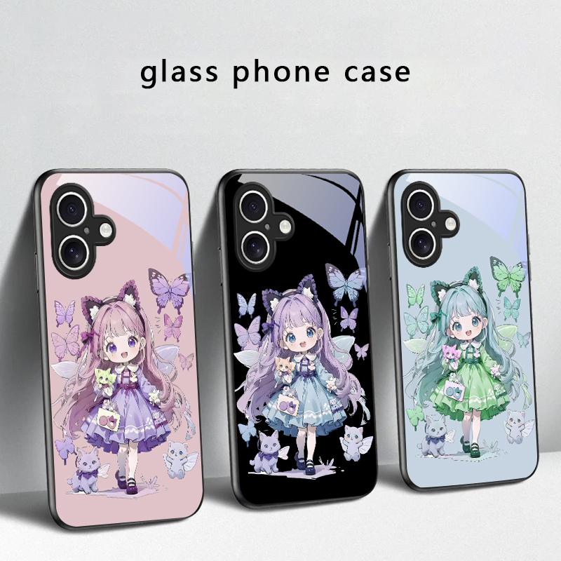 Q-version Blue Butterfly For iPhone 17 Air 16 E 15 Plus 14 Pro Max 13 12 Mini 11 5 6 7 8 Plus XR XSMax SE Black Glass Phone Case