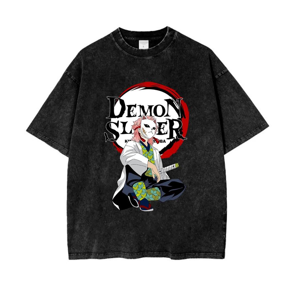 Demon Slayer Washed T-Shirt Demon Slayer Acid Wash T-Shirt Retro Anime T-Shirt Fox Mask T-Shirt A Gift for Him