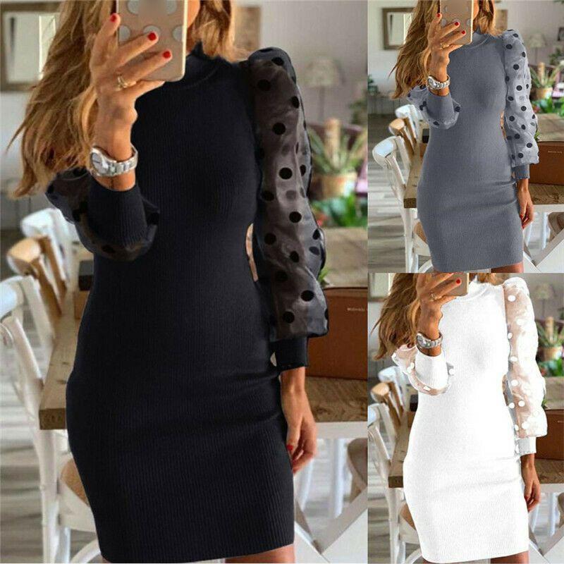 Elegant Women's Polka Dot Jumper With Long Net Yarn Sleeves For Flattering Bodycon Fit