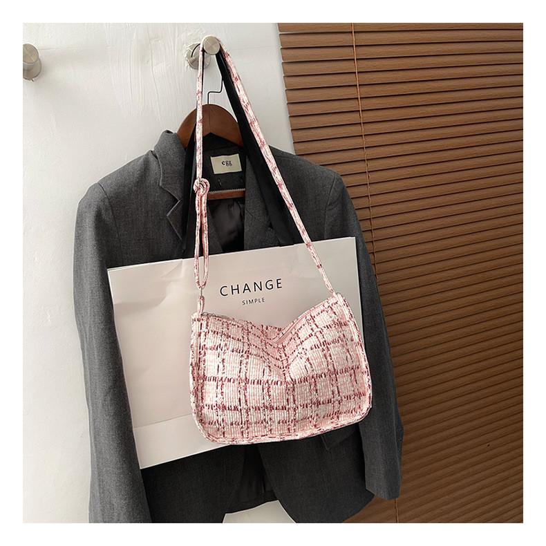 Trendy Grid Cloth Women's Bag 2024 New Korean Style Literary Large Capacity Shoulder Bag Ladies Armpit Bag Street Fashion