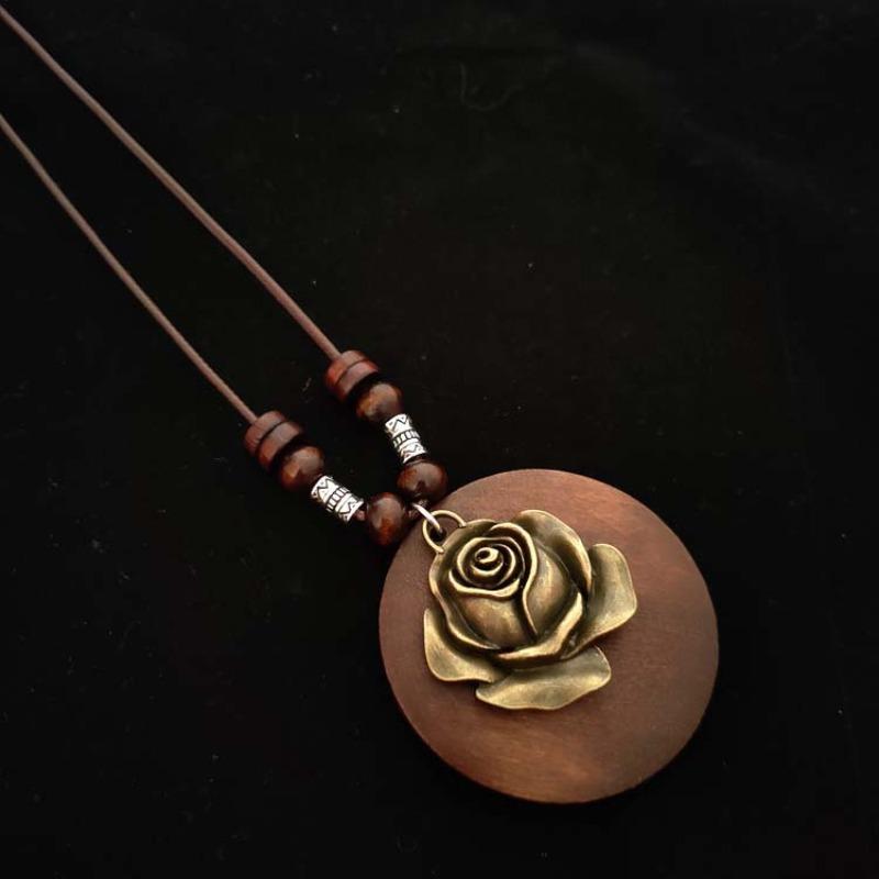 Retro Cotton and Linen Accessories Ethnic Style Wooden Long Women's Sweater Chain Alloy Leaf Necklace
