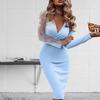 Women Club Dress Solid Color See-through Lace Patchwork Deep V Neck Low
