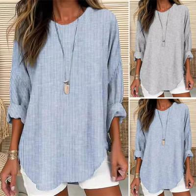 Women Casual Shirt Round Neck Long Sleeve Loose Fit Tops Vertical Striped Print Mid-length Shirt Daily Wear