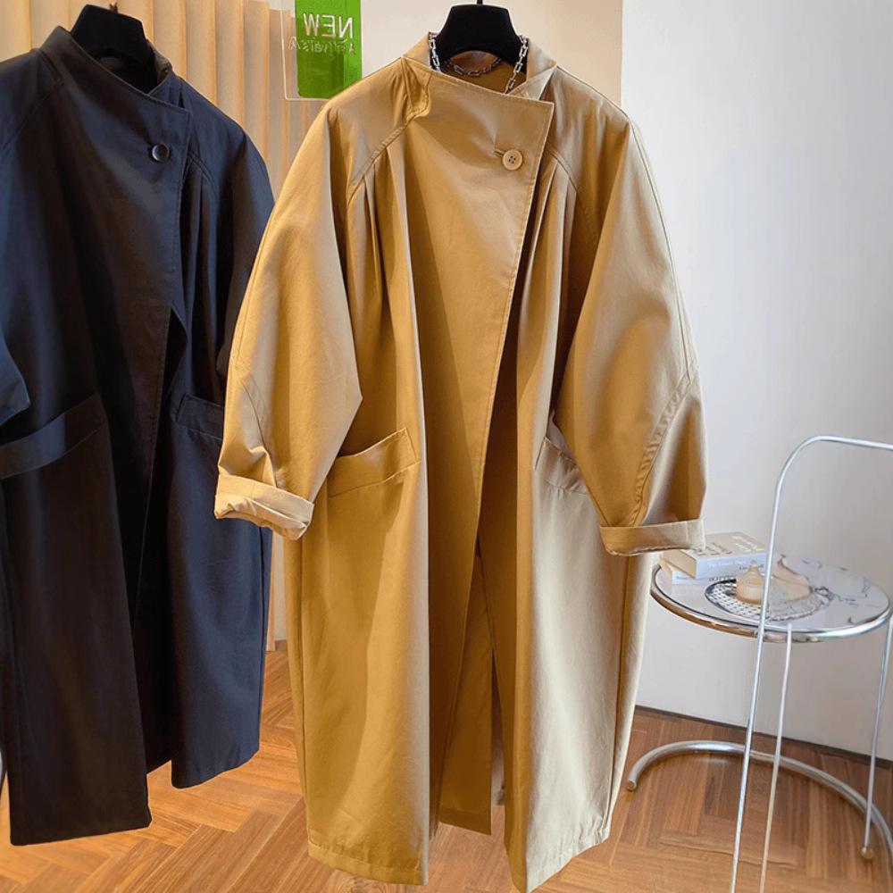 

Korean Style High-End Stand-Up Collar Loose Mid-Length Trench Coat for Women Medium