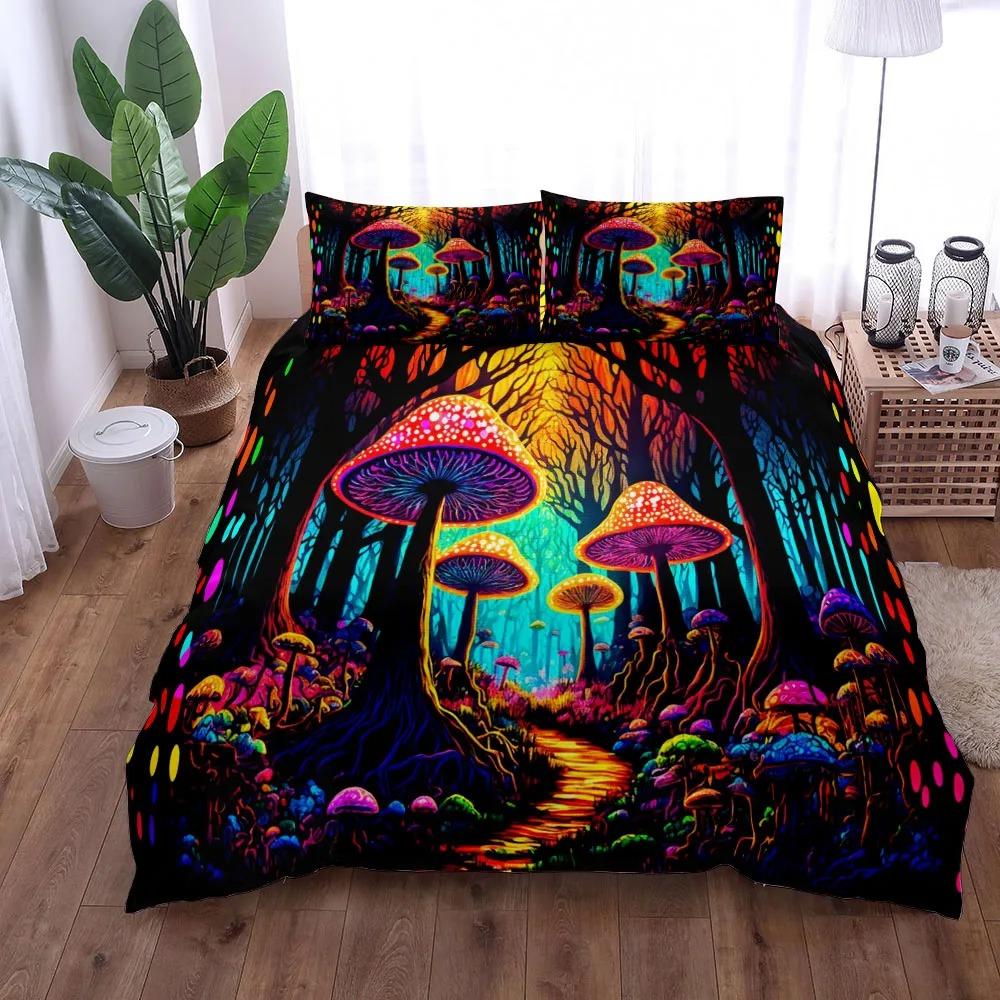 Duvet pillowcase, mushroom bedding set, forest plant print home Bedroom decor for kids boy gift comforter sets
