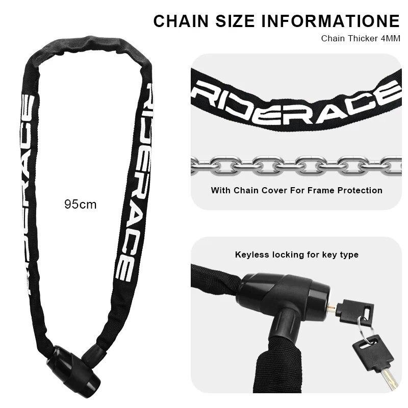 RIDERACE Candado de Cadena para Bicicleta Portátil Antirrobo Alta Seguridad Candado para Bicicleta de Montaña MTB Con 2 Llaves Para Scooter Eléctrico E-Bike