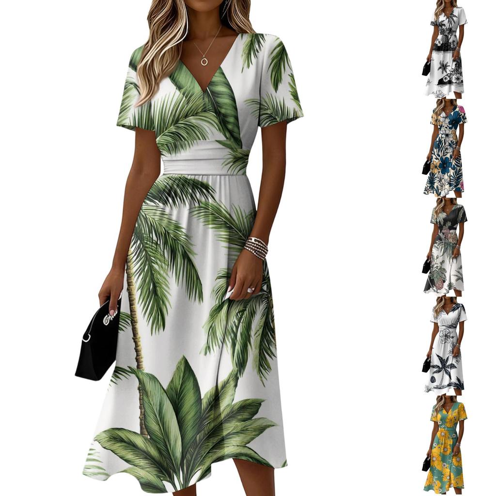Women’s Short Sleeve V Neck Floral Print Midi Dress with High Waist A Line Fit and Flare for Casual Wear