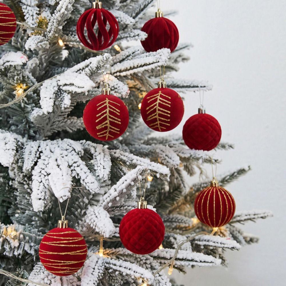 12PCS Flocked Finish Hollow Ornament Pendant Red Color Velvet Tree Bauble  Christmas Tree
