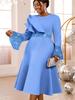 Plus Size Women's Light Blue Rhinestone Ruffle Sleeve A-Line Mid-Length Formal Dress