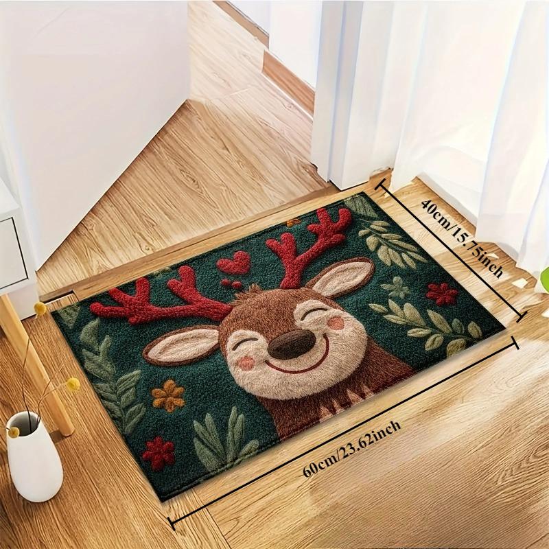 

1 шт. Пушистый рождественский олень Микрофибра Коврик для ванной - Быстросохнущий и впитывающий, Праздничный дизайн с красными ягодами и зелеными листьями