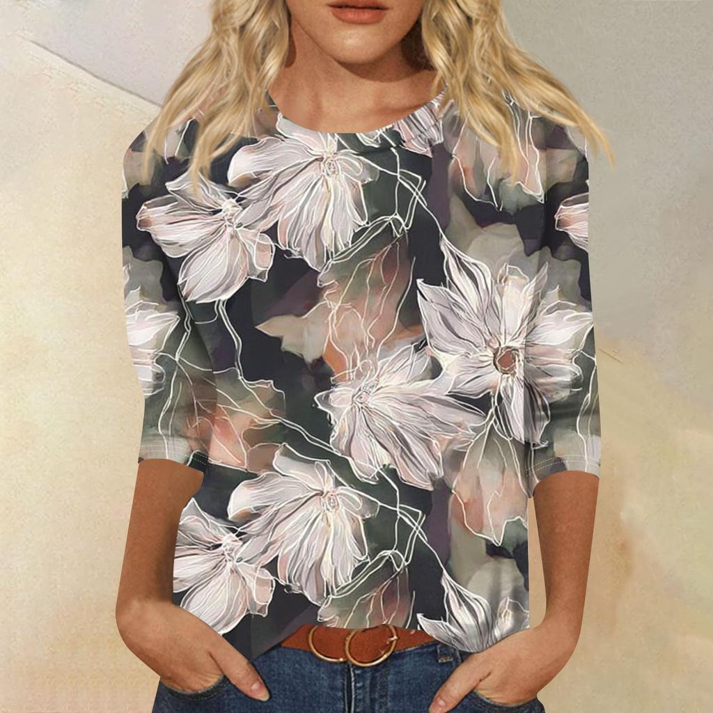 Women's Fashion Casual Round Neck Three Quarter Sleeve Printed T-Shirt Top