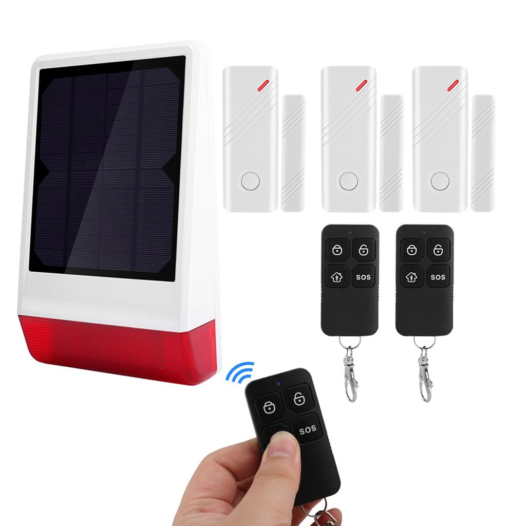 433MHZ Wireless Solar Siren Burglar Security Alarm System 3 Door Magnet 3 Remote Control