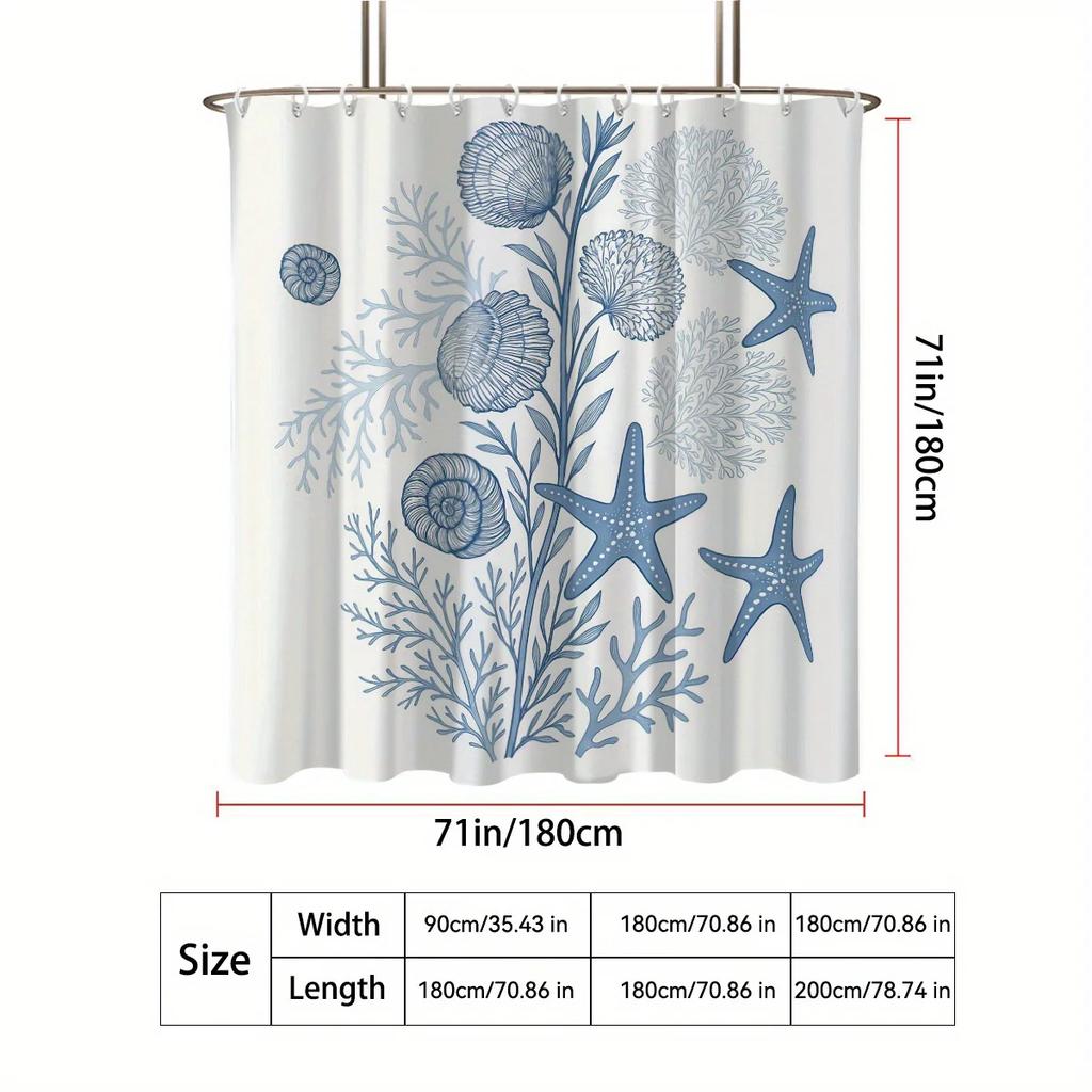 1 x Ocean Elements Duschdraperi med sjöstjärne- och snäcktryck - Blå och vit nautisk design, Polyester, med krokar, för badrum