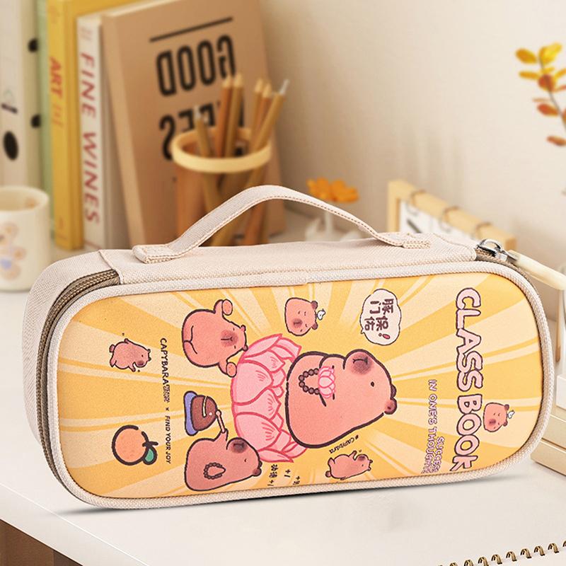 Cartoon Cute Capybara Pencil Case With Handle Portable Pen Bag Student Stationery School Supplies Large Capacity Storage Pen Box