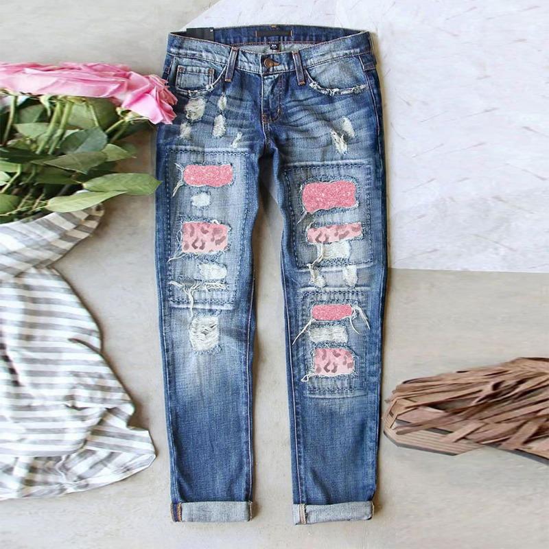 Women Mid Waist Straight Leg Ripped Printed Patchwork Denim Long Pants