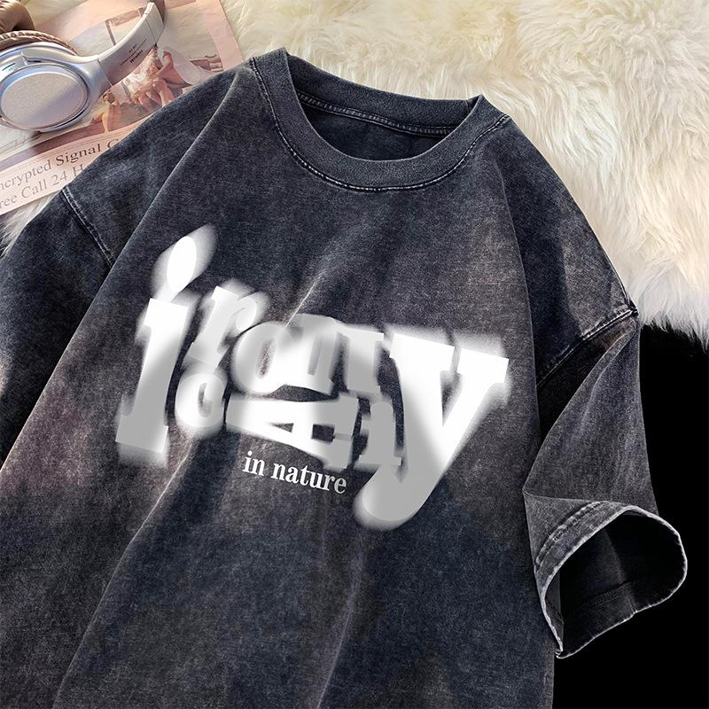 Fashion Unisex T-Shirt Couple Washed Old Trend Printed  Fash M