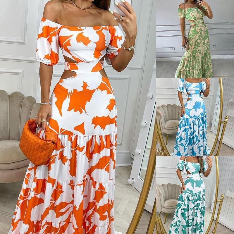 2026 Women's Clothing Contrast Color Print Hollow Ruffled Cake Dress
