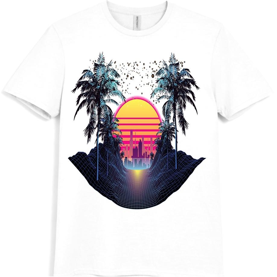 Synthwave T Shirt Retro 80s Neon Sunset City Palm Trees Vaporwave Tee