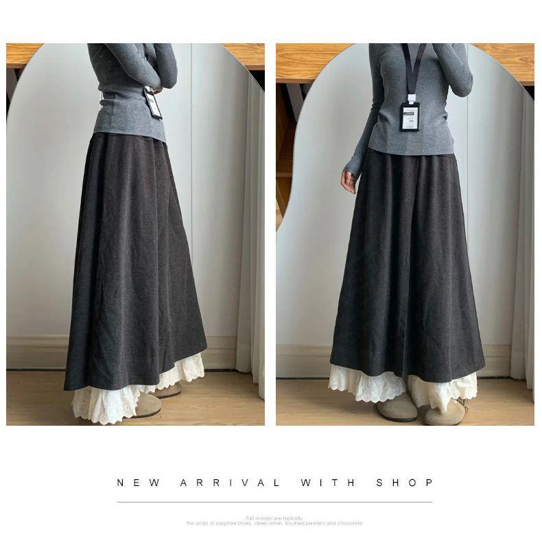 Patchwork Lace Trim High-Waisted Woolen Wide-Leg Pants for Women - Autumn/Winter Plus Velvet Casual Loose Fit.