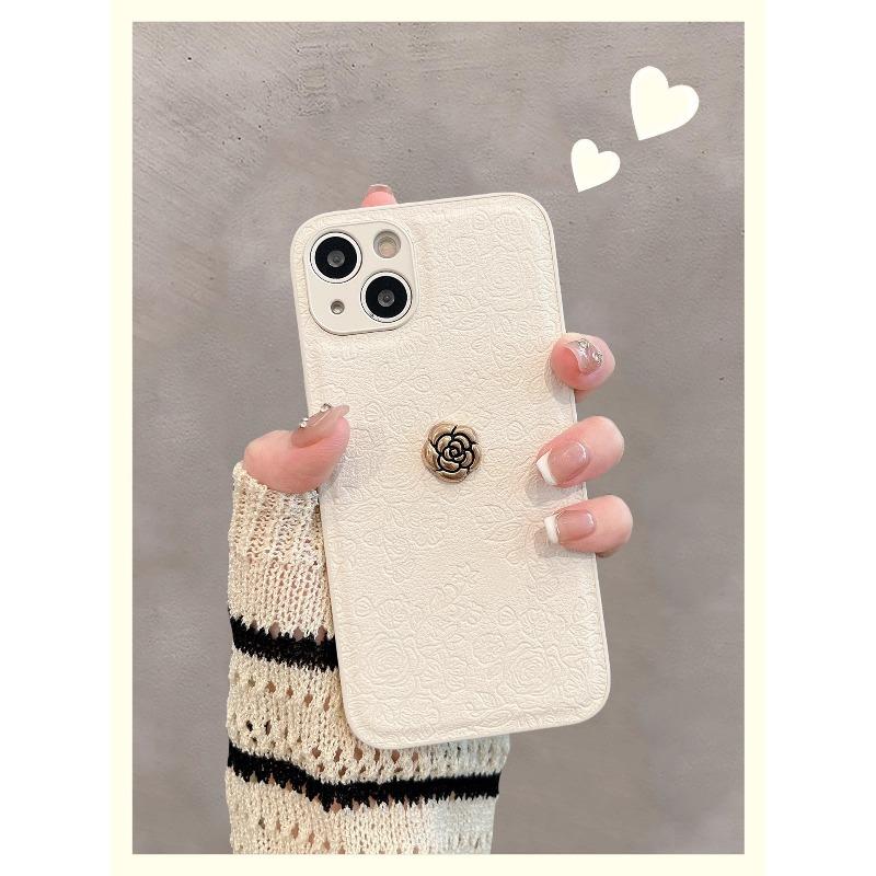 Camellia Ins Style for IPhone17 Mobile Phone Case for Apple 15PRO Embossed 16 Simple Solid Color Protective Cover