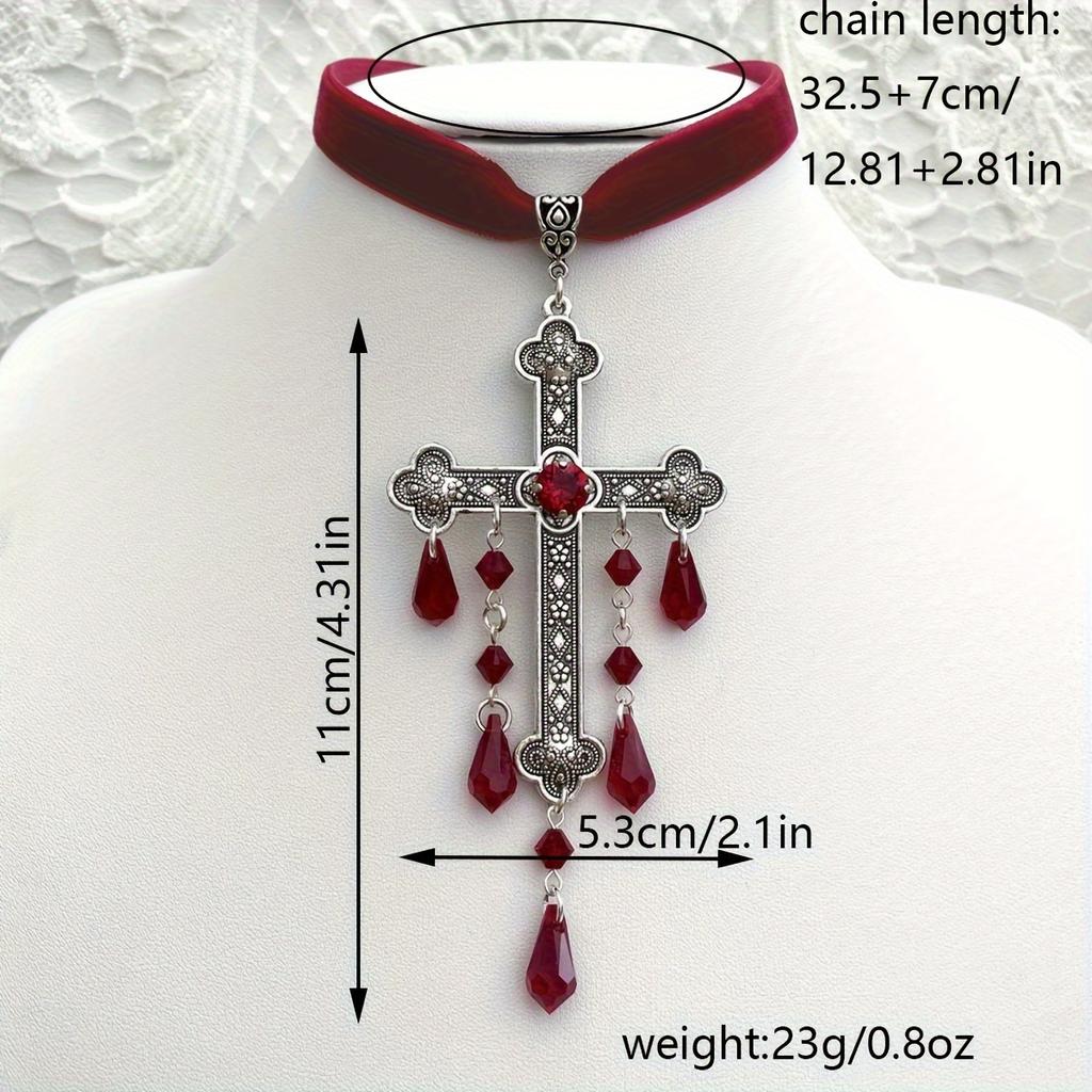 Gothic Vampire Silvery Large Cross Pendant Necklace Inlaid Artificial Crystal  Bohemian Style Synthetic Gems Decor Pendant Necklace Jewelry Gift