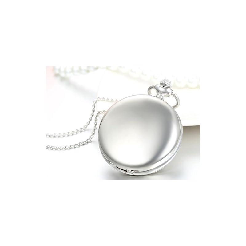 JewelryWe Antique-Style Pocket Watch Necklace, Pendant Watch, Mirrored Full Hunter Design, Simple Silver, Alloy, Valentine's Day Gift