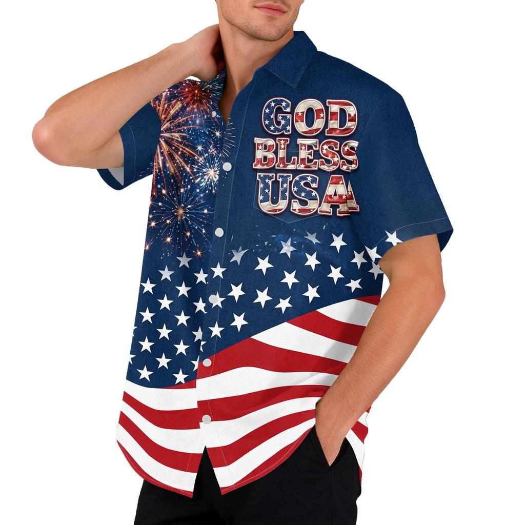 Men's Casual Printed Short Sleeve Open Front Cardigan, Independence Day Festival Tops