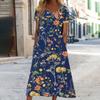 2026 Summer Women's Floral Round Neck Pocket Dress - European & American Style, Casual Loose Fit, Short Sleeve.