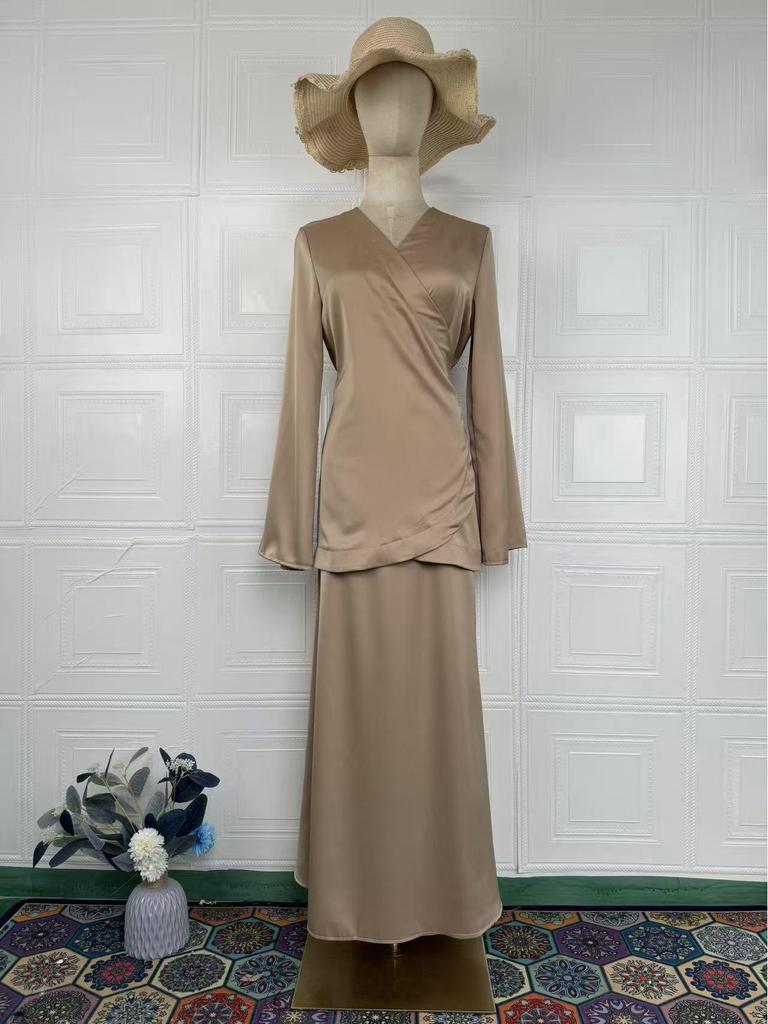 2024 Spring Satin Patchwork Waist-Hugging Long Dress Set for Women