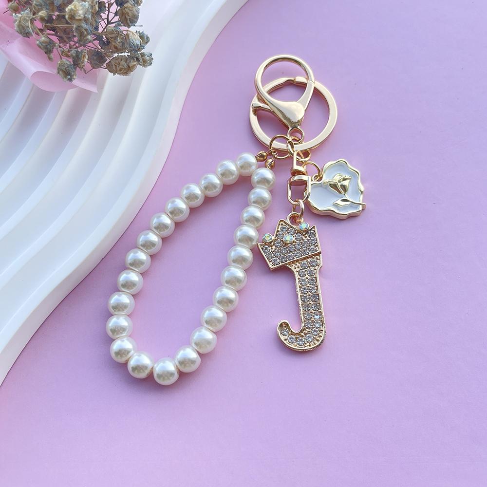 Boutique Crown A-Z 26 Initial Letters Rose Keyring Crystal Faux Pearl Resin Beaded Keychain Bag Pendant Women Girl Gifts Jewelry
