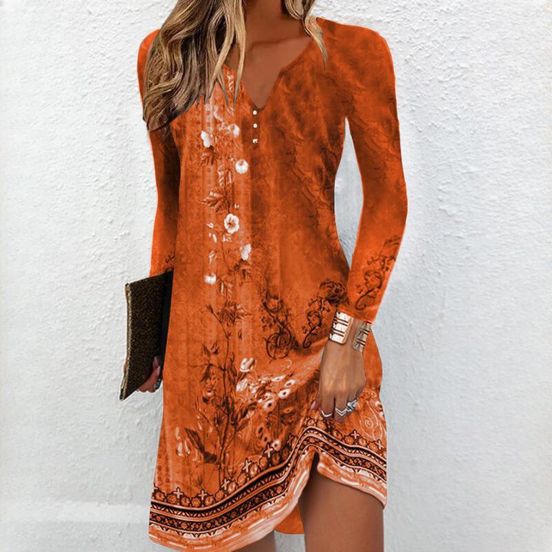 Women's Fashion Autumn Winter Solid Color Print Long Sleeve V-Neck High Waist Casual Dresses