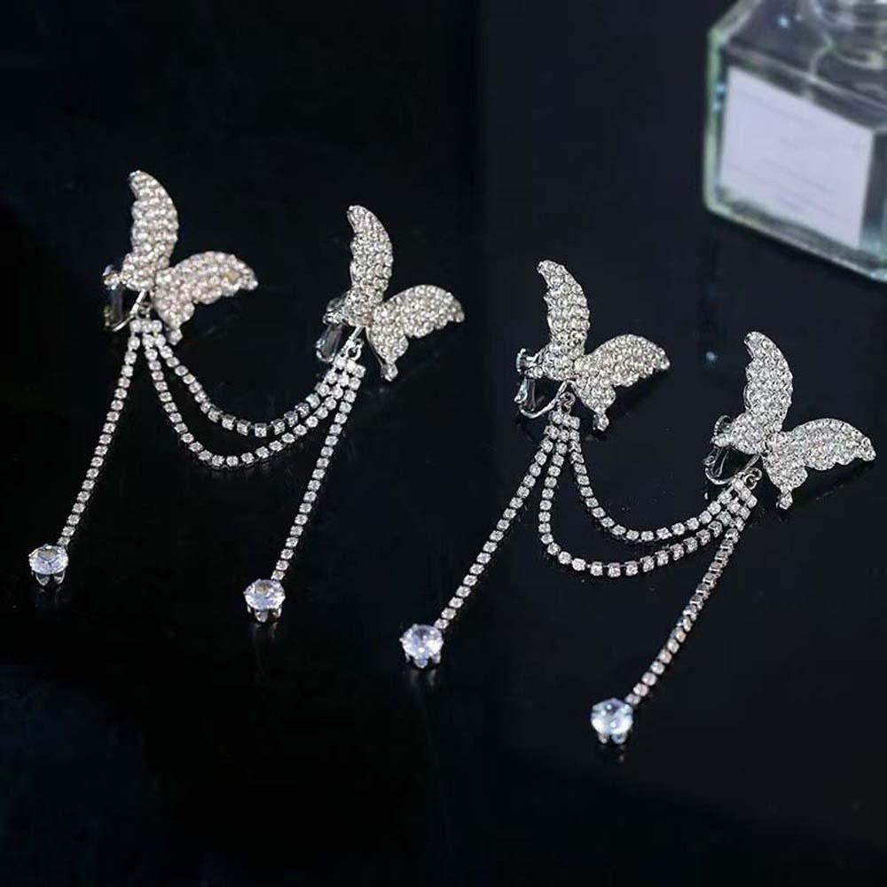 1 Pair Luxury Silver Tassel Ear Clip Long Shiny Temperament Eardrops  Bride