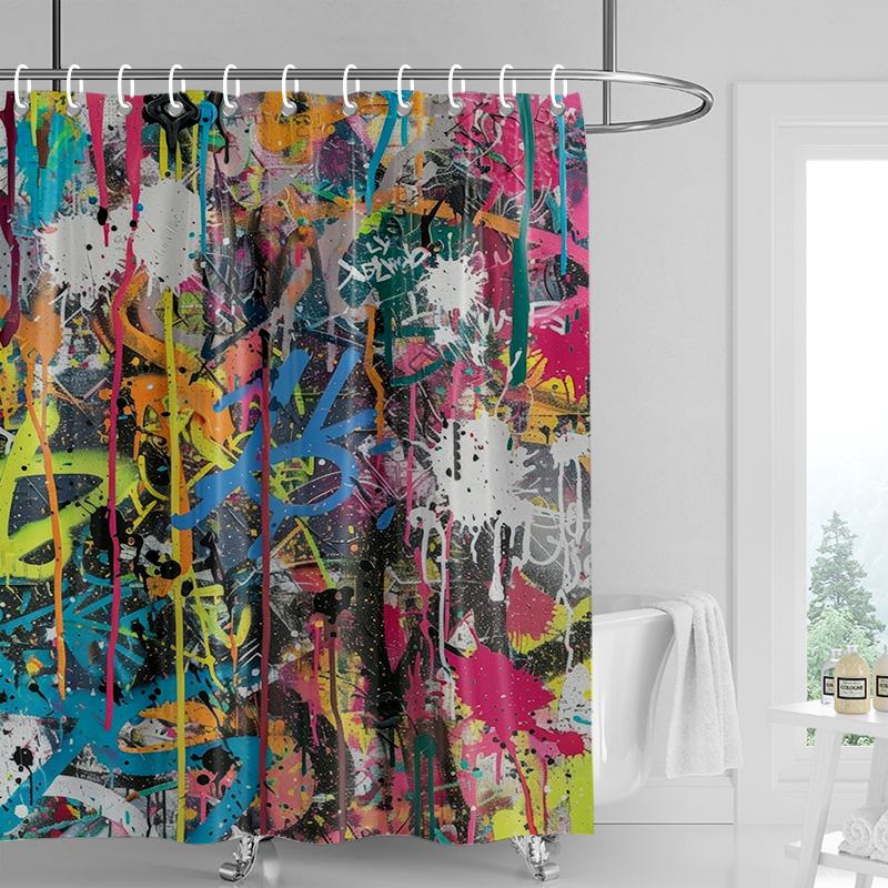 Abstrakter Duschvorhang - Wasserdichtes Farbspritzer-Design mit Halbmond & Punkten, Moderne Badezimmerdekoration für Stilvolle Räume