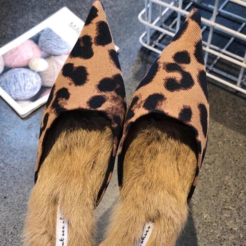 New Women Fur Slippers Pointed Toe Women Mules Slipper Ladies Elegant Dress Sandal Square Low Heel Slip on Slides Shoes
