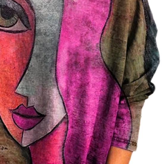 Teplá dámská halenka s výstřihem do O Módní abstraktní potisk obličeje Halenka s dlouhým rukávem Dámské oblečení