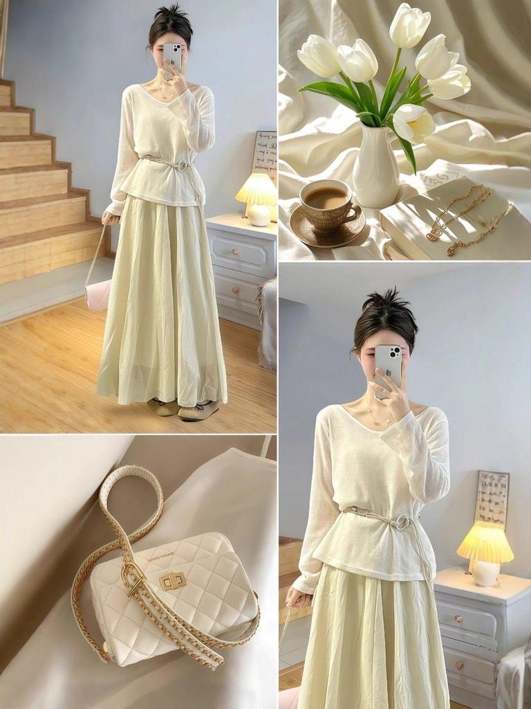 Frühlings Übergröße Damen Schlankmachendes Top & Midi-Rock Set - Koreanischer Stil