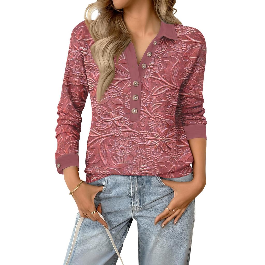 Women's Retro Relaxed V,neck Long Sleeve Button 3D Floral Pullover Top