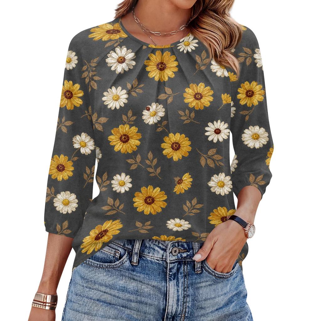 Women's Floral Print 3/4 Sleeve Round Neck Pleated Top Lightweight Casual Blouse Suitable for Daily Wear and Various Occasions